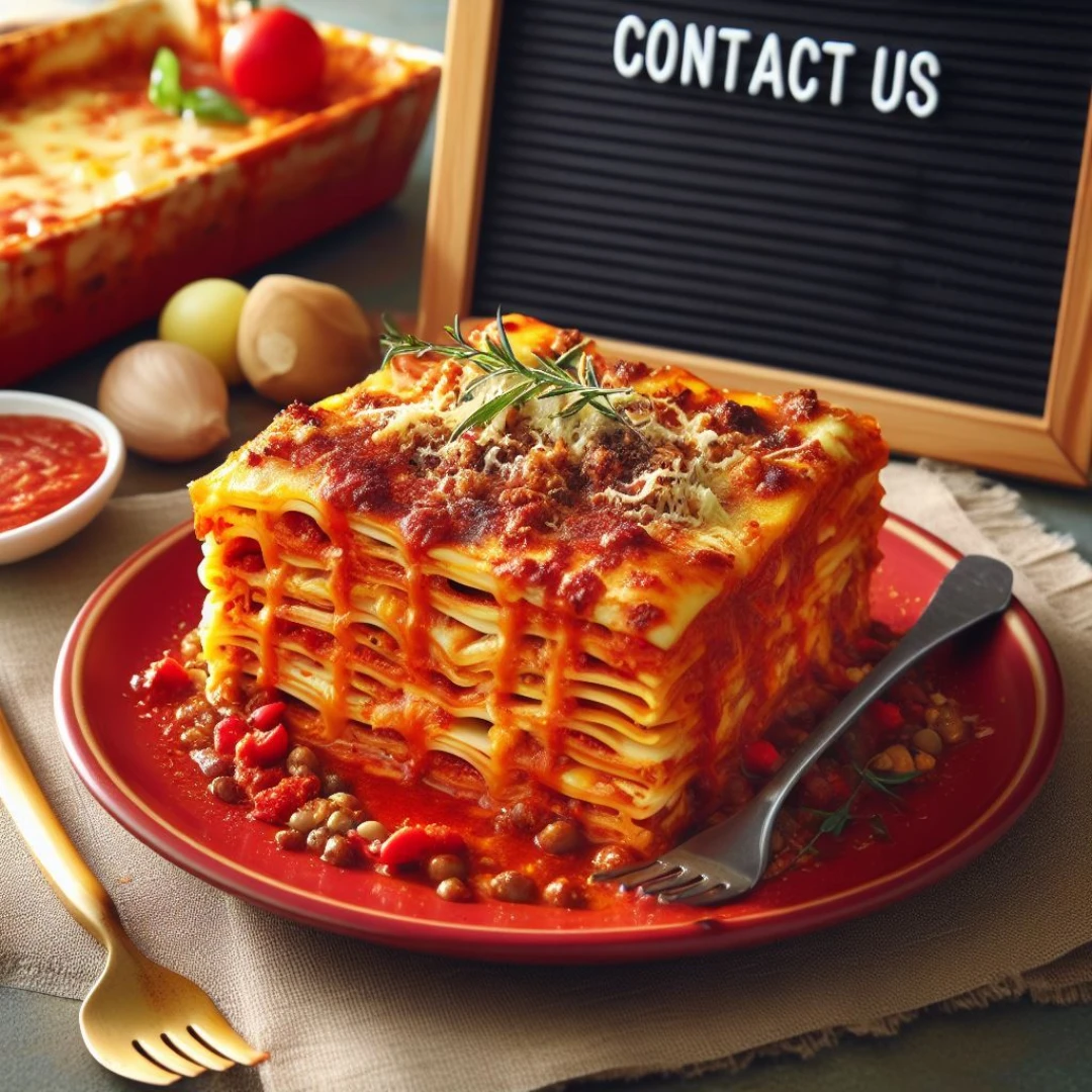 Lasagna plate with contact us blackboard